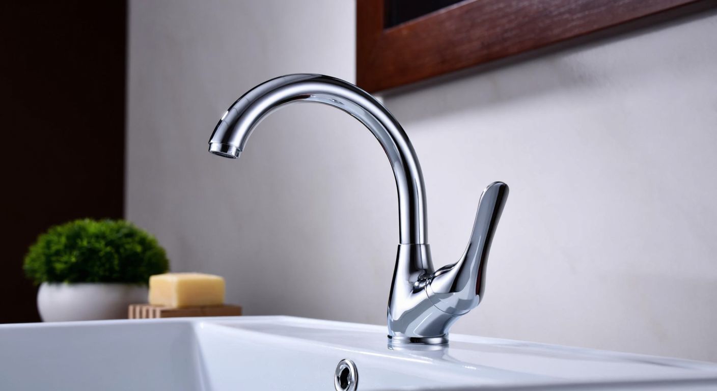 A sleek, modern chrome-plated bathroom faucet with a curved swan neck design, mounted on a white ceramic sink in a well-lit Turkish bathroom.