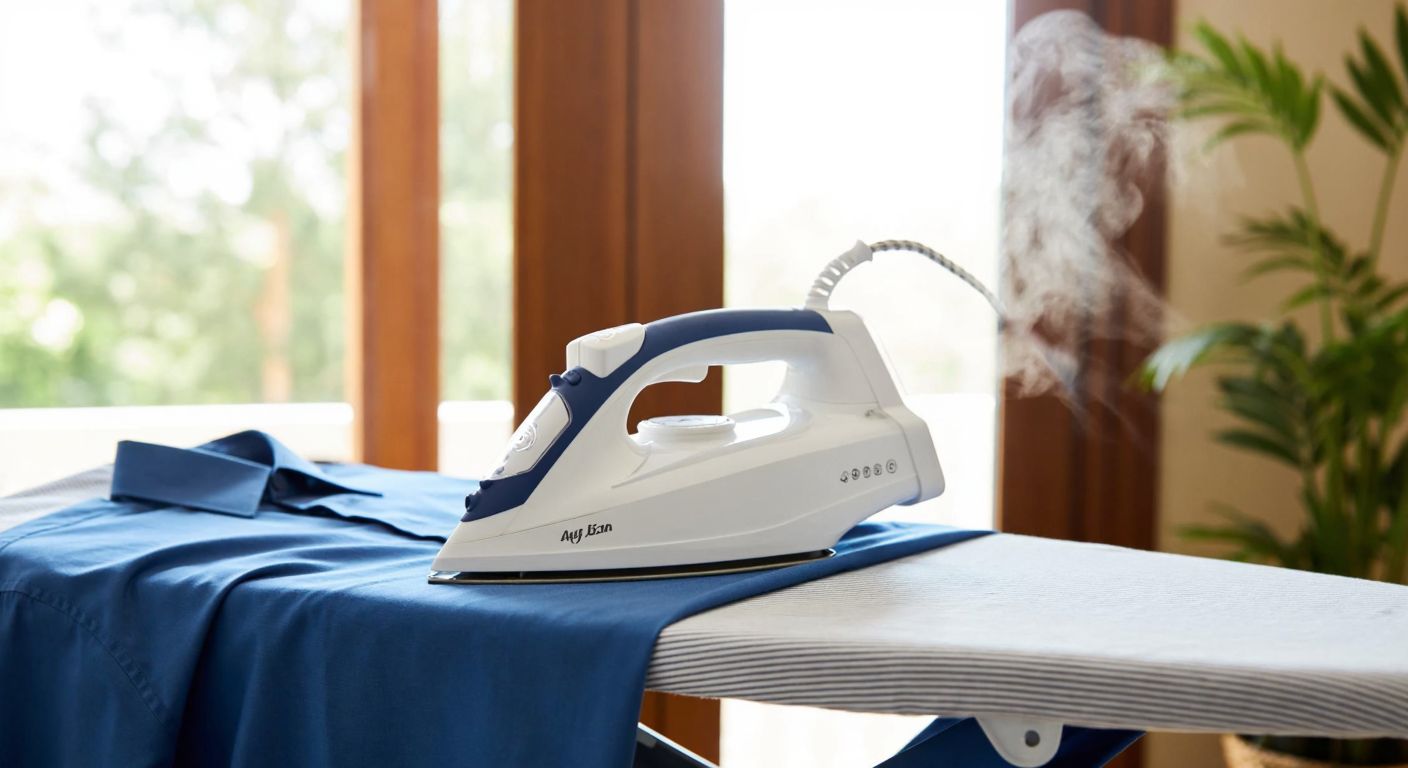 A sleek white and blue Arzum Peta AR695 iron glides smoothly over a neatly pressed cotton shirt on a wooden ironing board in a sunlit Turkish home, with steam rising gently from the fabric.