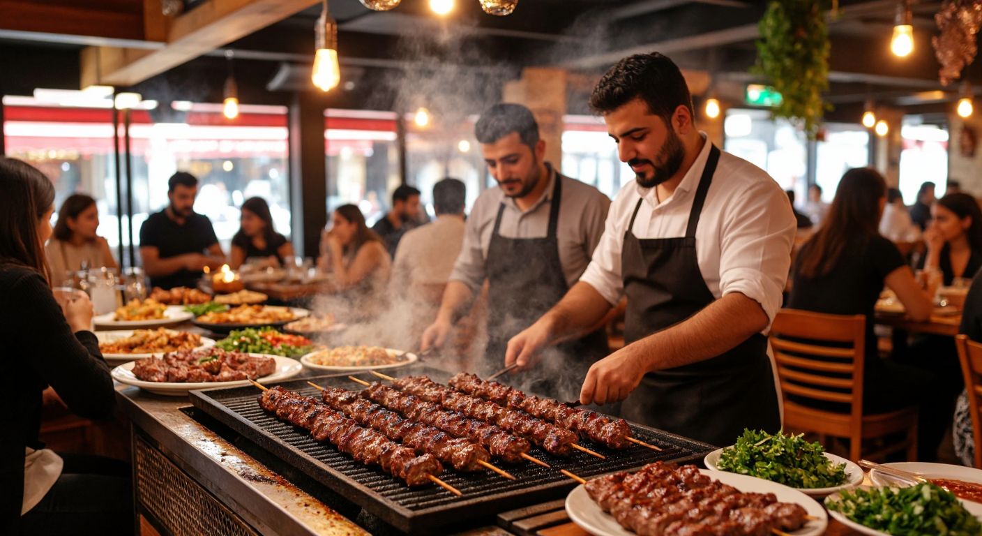 A bustling Turkish kebab restaurant with sizzling skewers of meat on a grill, surrounded by diners enjoying their meals, while a waiter shakes his head politely to indicate no alcohol is served.