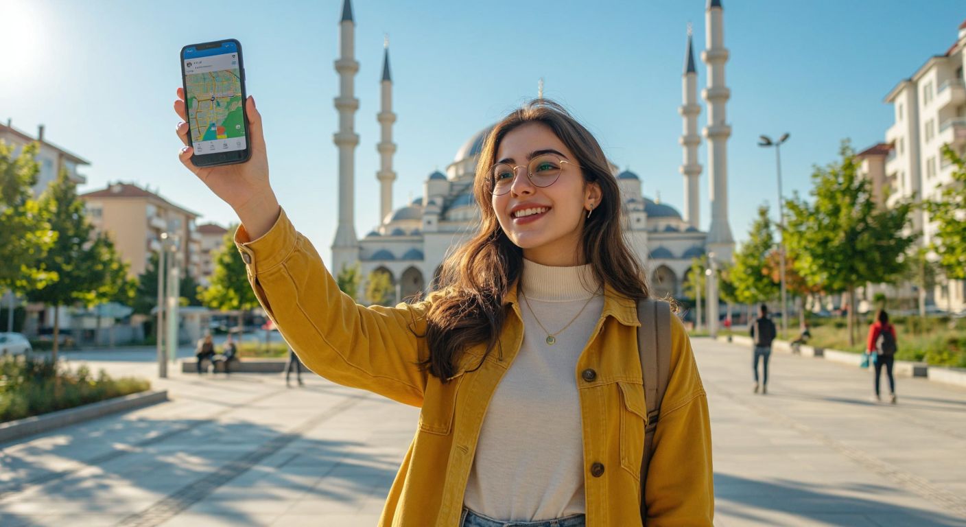 A cheerful young woman in modern casual attire stands in a sunny Beylikdüzü square, holding a smartphone displaying a colorful map interface while pointing toward a nearby mosque and school with her other hand.