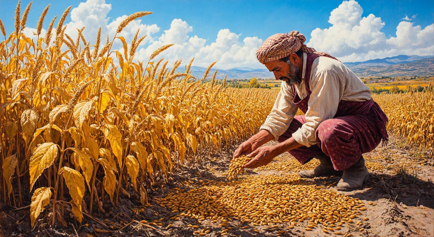 A sunlit field in rural Turkey with golden sesame plants, their yellowing leaves and seed pods partially fallen, as a farmer in traditional clothing carefully inspects the ripe, amber-colored seeds.