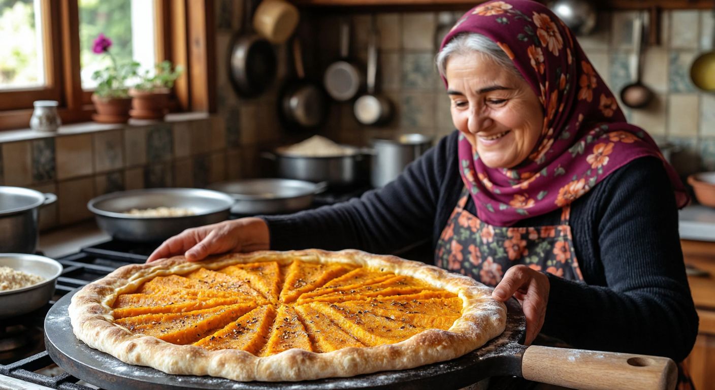 A golden, flaky gözleme filled with sweet pumpkin and tahini, freshly cooked on a traditional griddle in a cozy Bolu kitchen, with a smiling elderly woman in a floral headscarf rolling out the dough.