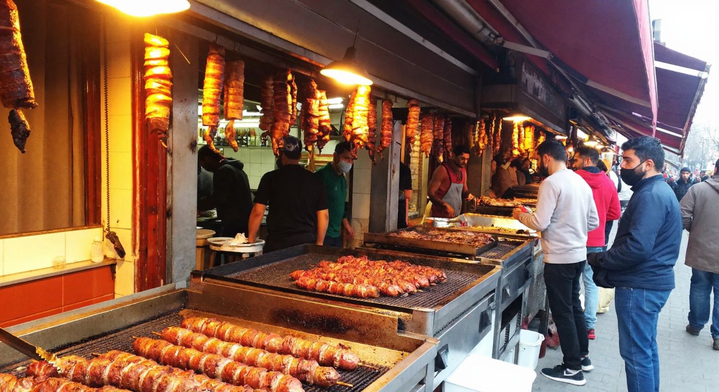 A bustling Istanbul street scene with two sizzling kokoreç grills, one in Kağıthane near Çağlayan’s lively market and another in Kadıköy’s Osmanağa district, surrounded by hungry locals and the aroma of spices filling the air.