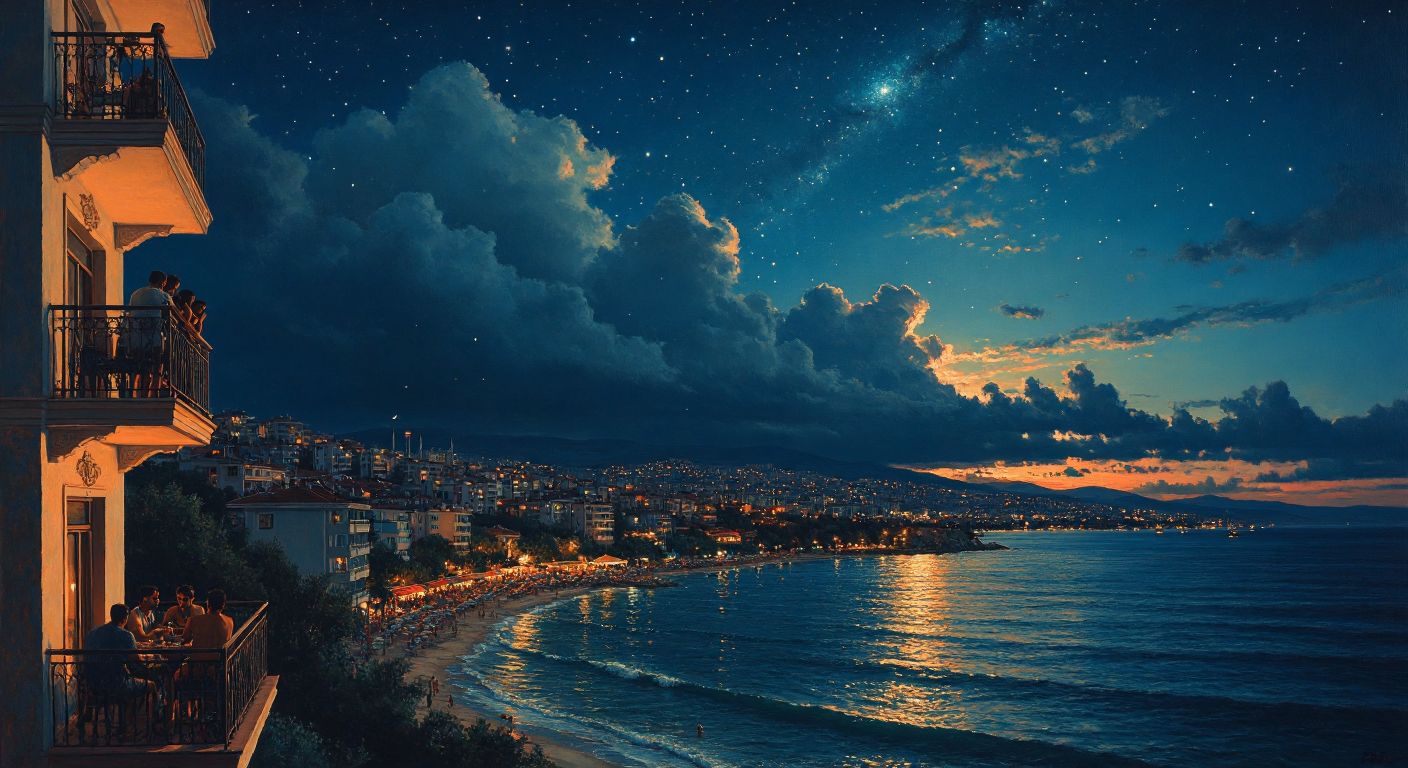A sweltering night sky over a coastal Turkish city, with a few scattered stars visible through thin clouds, while people fan themselves on balconies and the sea glows faintly under the lingering heat.