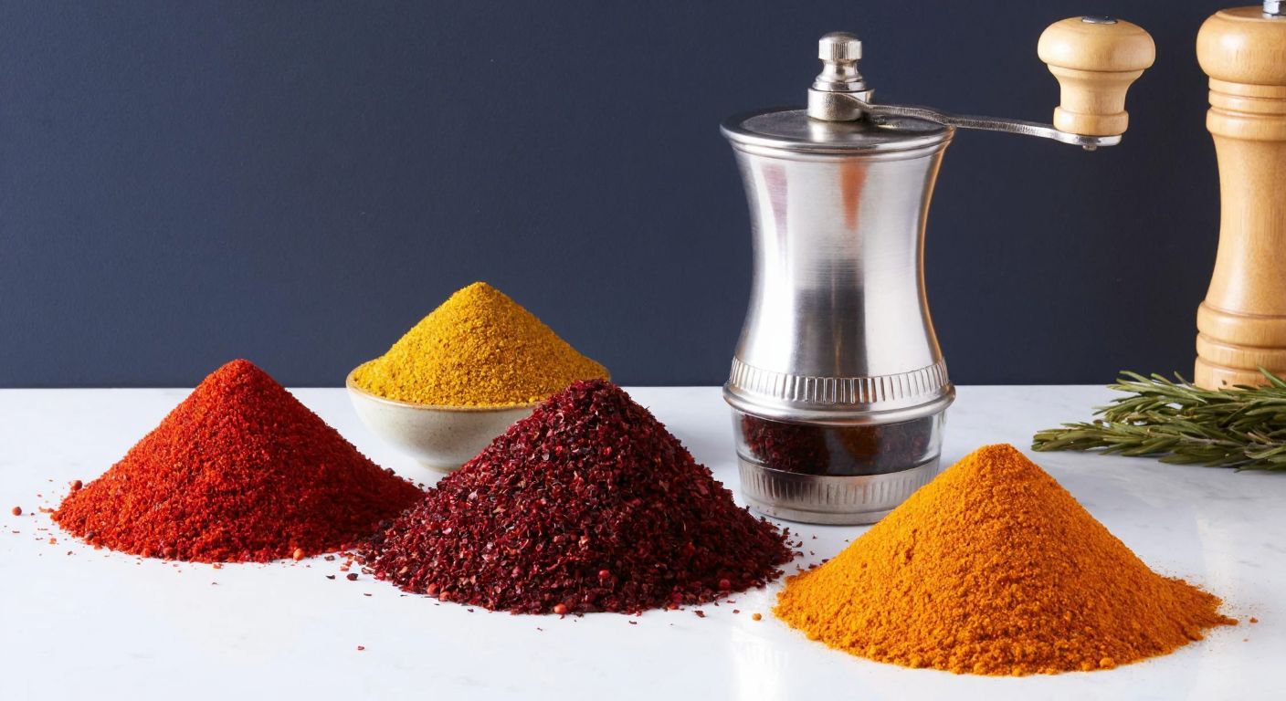 A traditional Turkish kitchen counter with a Musullu spice grinder surrounded by vibrant piles of whole spices like red pepper flakes, cumin, and sumac, next to a small bowl of freshly ground powder.