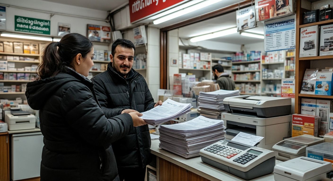 A busy Turkish photocopy shop with a customer handing a stack of papers to a shopkeeper, while a printer hums in the background and a calculator sits on the counter.