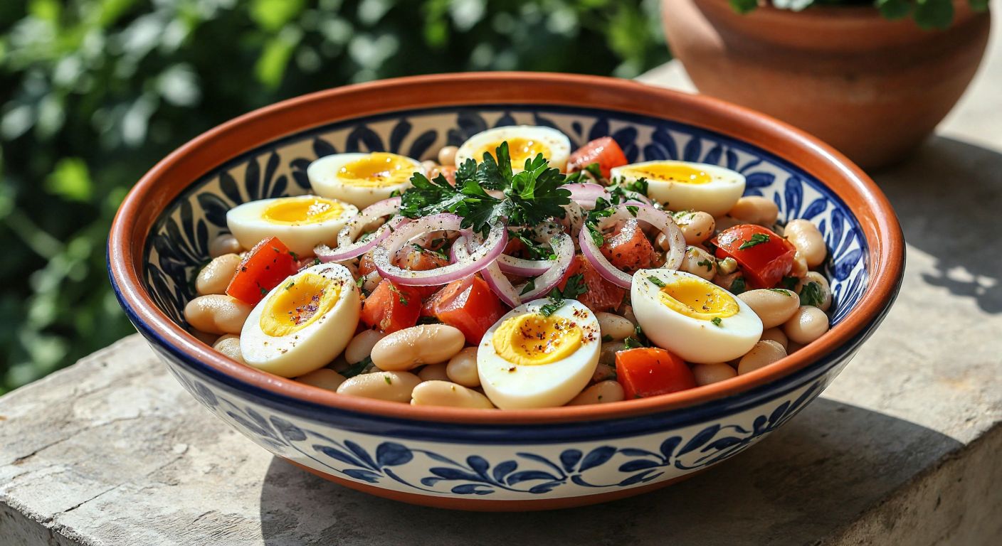 A vibrant ceramic bowl filled with Antalya-style piyaz—boiled white beans, diced tomatoes, sliced onions, halved boiled eggs, and fresh parsley—drizzled with a creamy tahini-lemon dressing, garnished with sumac and cumin, set against a sunlit Mediterranean backdrop with a rustic wooden table.