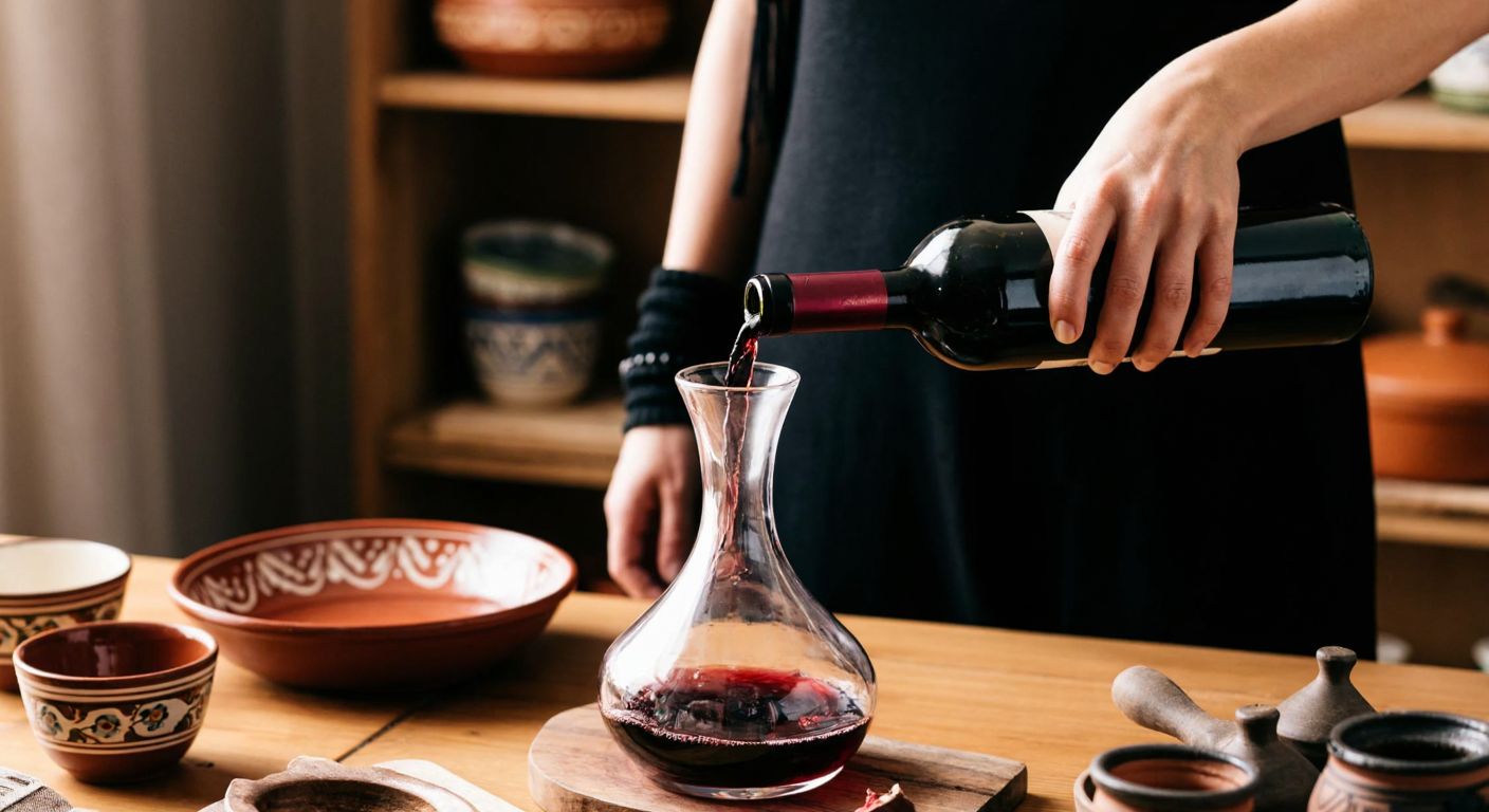 A person in a Turkish home carefully pouring red wine from a bottle into a crystal decanter, with a rustic wooden table and traditional ceramic dishes in the background.