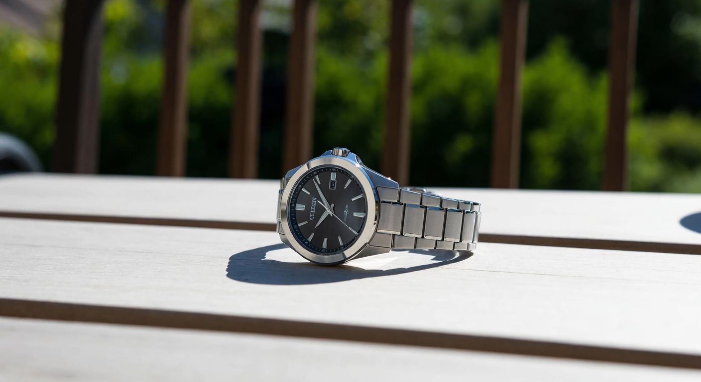A sleek silver Citizen watch with a solar-powered Eco-Drive face rests on a sunlit wooden table, reflecting durability and precision.