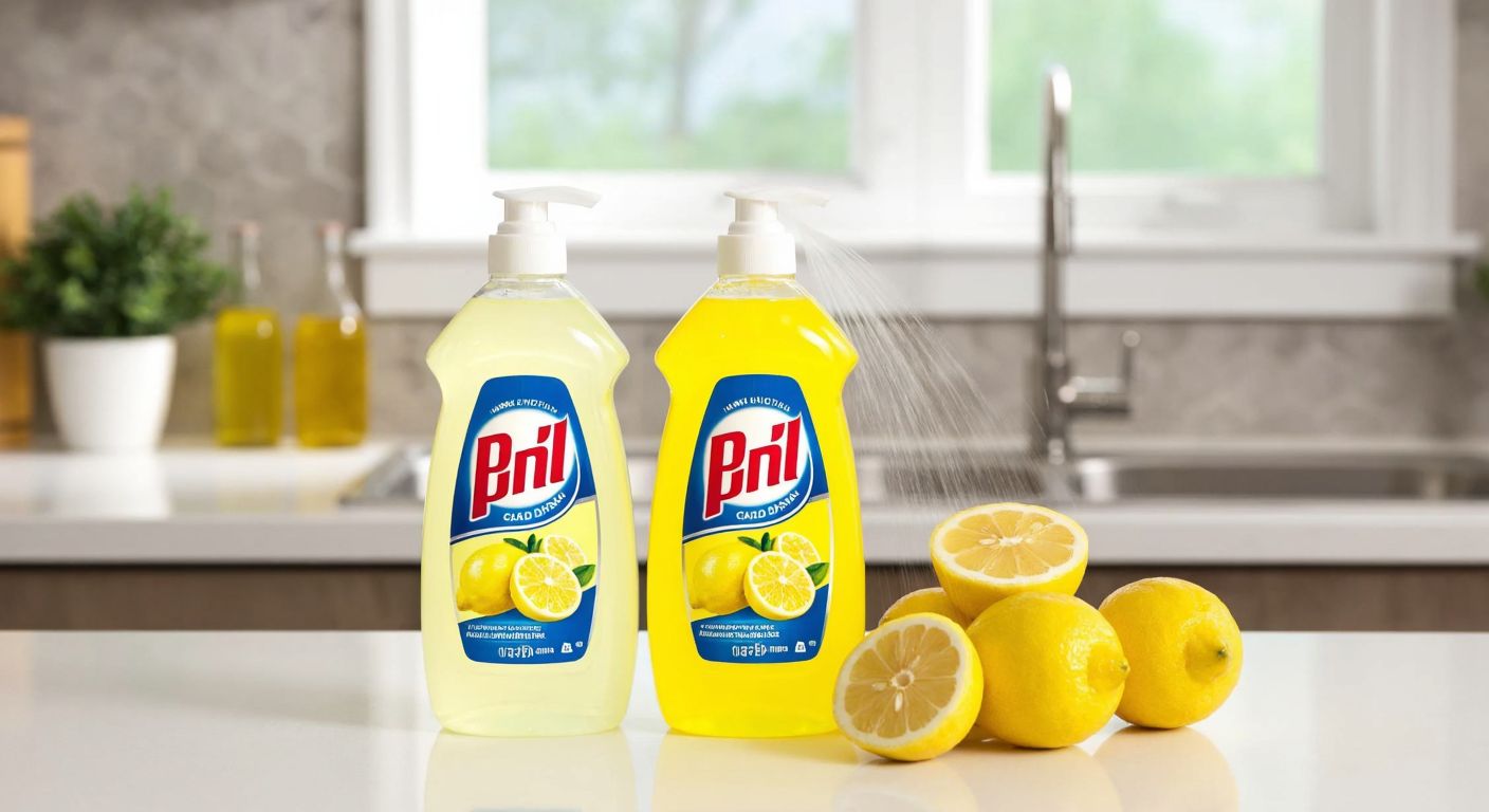 A Turkish kitchen counter with two bottles of Pril dish soap—one lemon-scented with a bright yellow label and fresh lemons beside it, the other classic with a simple white label and sudsy bubbles rising from a sink.