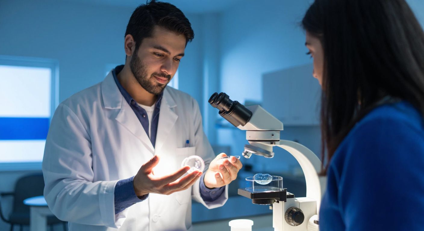 A Turkish doctor in a white coat gently holds a petri dish containing a healthy embryo under a microscope in a bright, sterile fertility clinic, while hopeful parents watch with quiet anticipation.