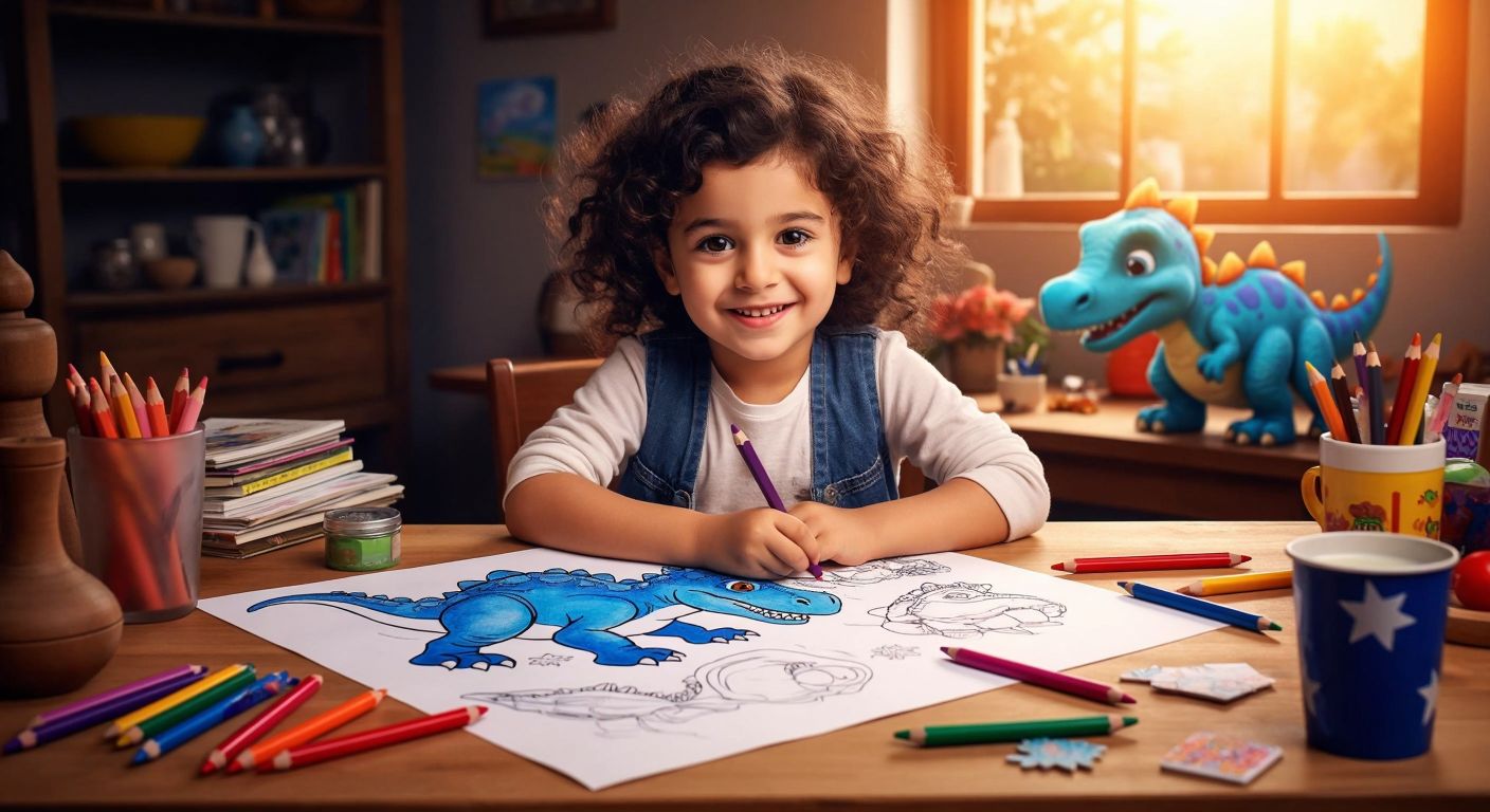 A cheerful Turkish child with dark curly hair sits at a wooden table, carefully coloring a printed dinosaur outline with bright crayons, surrounded by scattered coloring pages and a cup of ayran.