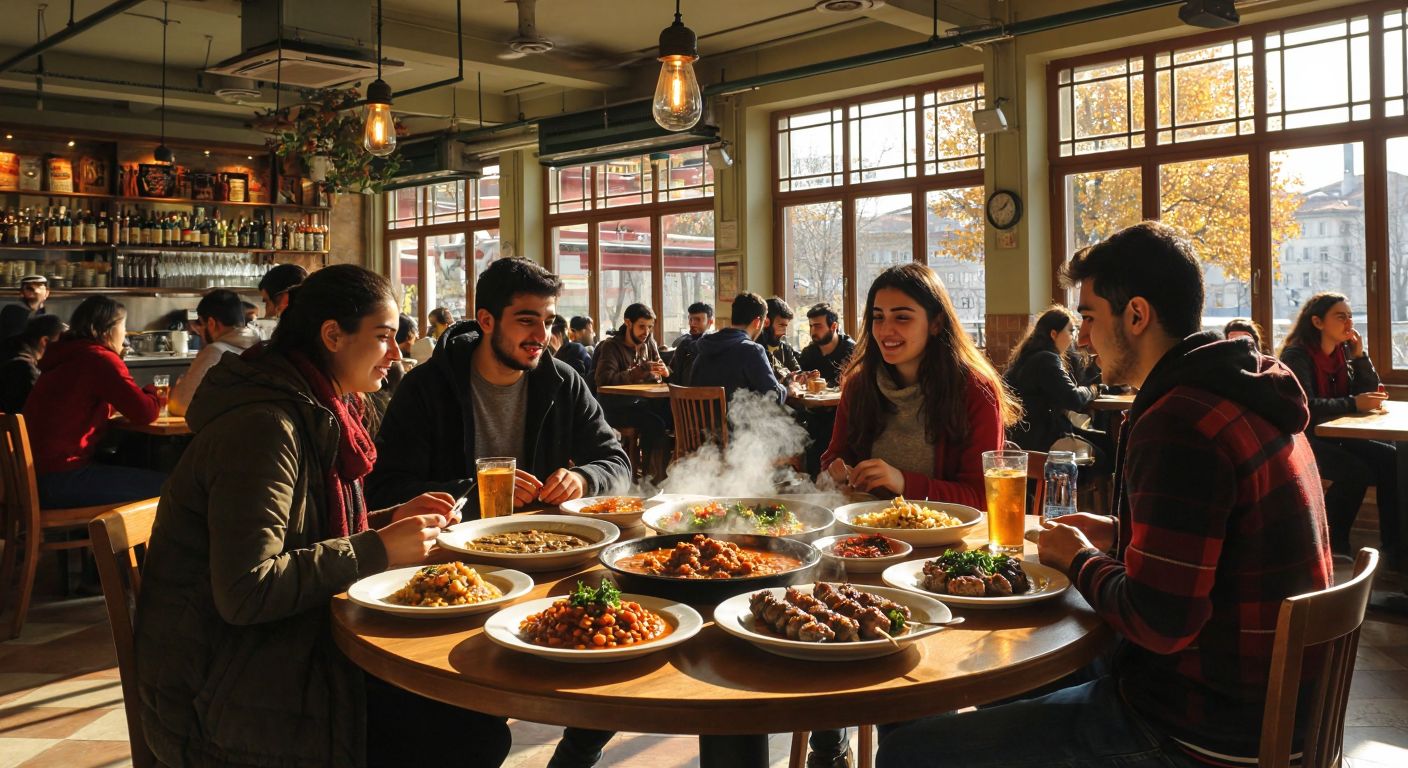 A bustling university cafeteria in Istanbul with students chatting over plates of steaming Turkish dishes like lentil soup and kebabs, surrounded by a warm, alcohol-free atmosphere.