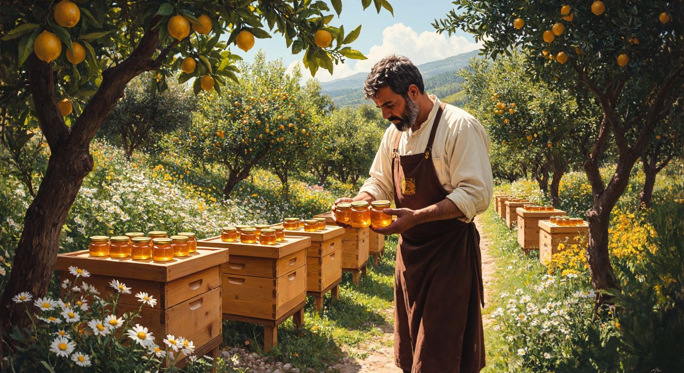 A sunlit Turkish honey farm with wooden beehives surrounded by wildflowers, kestane and citrus trees, where a beekeeper in traditional attire gently holds jars of golden, amber, and dark honey, each labeled with the distinct floral sources.