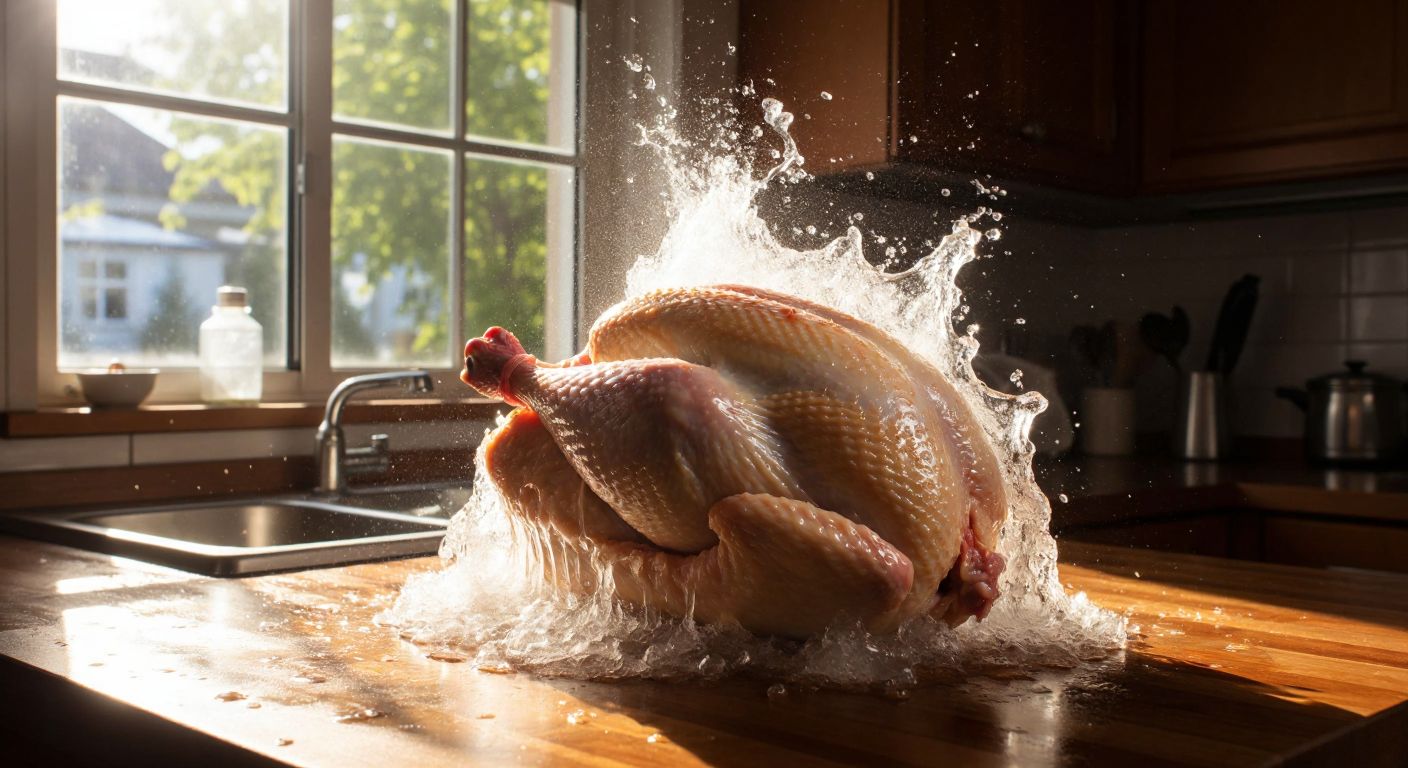 A frozen chicken thawing on a wooden kitchen counter in Turkey, with droplets of water forming around it as warm air from an open window gently melts the ice.