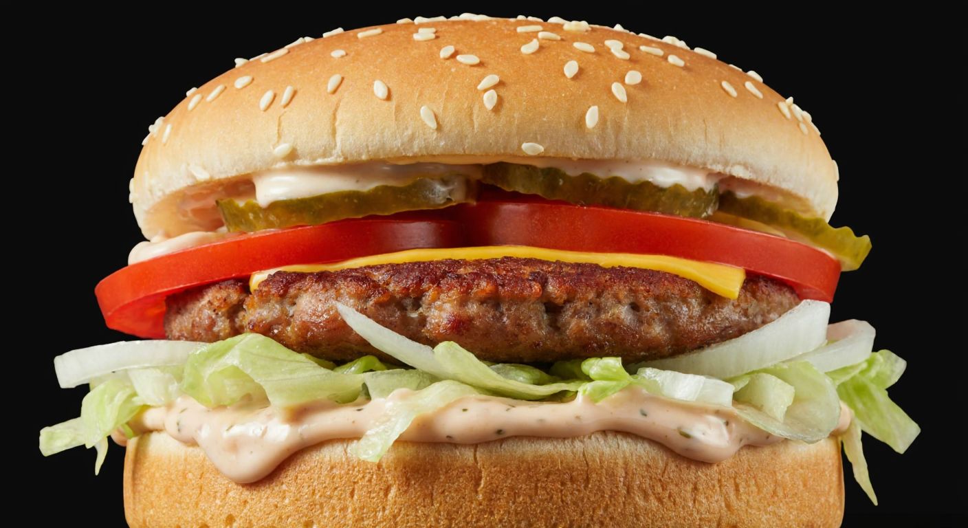 A close-up of a juicy **McTurco sandwich** with two golden-brown meat patties, fresh slices of tomato, crisp lettuce, diced onions, and drizzles of creamy sauce, all nestled between toasted sesame buns.