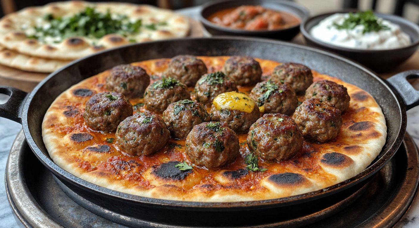 A sizzling pan of golden-brown Turgutlu meatballs, glistening with melted butter over a wood fire, served on warm flatbread with a side of creamy yogurt and fresh herbs, evoking the rich flavors of Manisa.