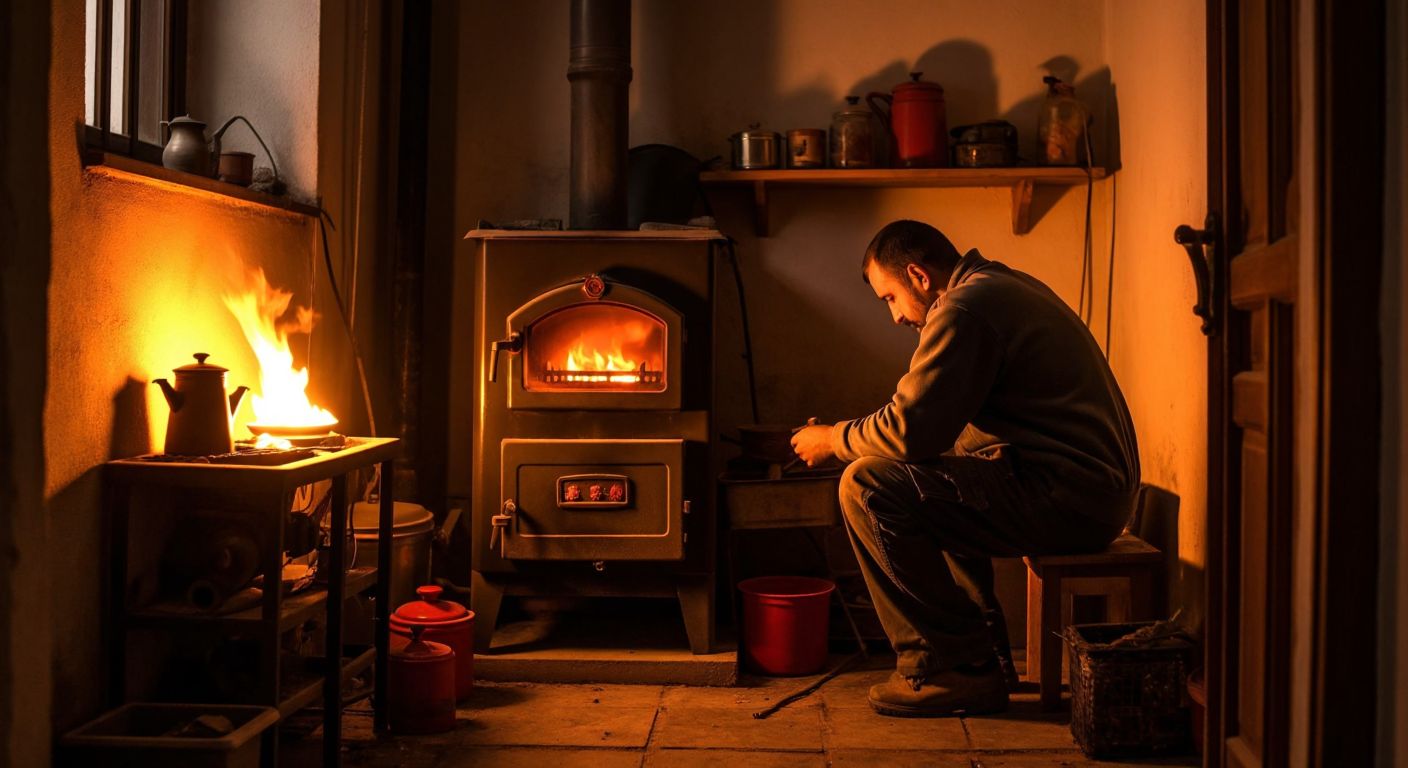 A sturdy, well-maintained Çorum heating boiler glowing warmly in a cozy Turkish home, with a technician in overalls performing an annual check-up nearby.