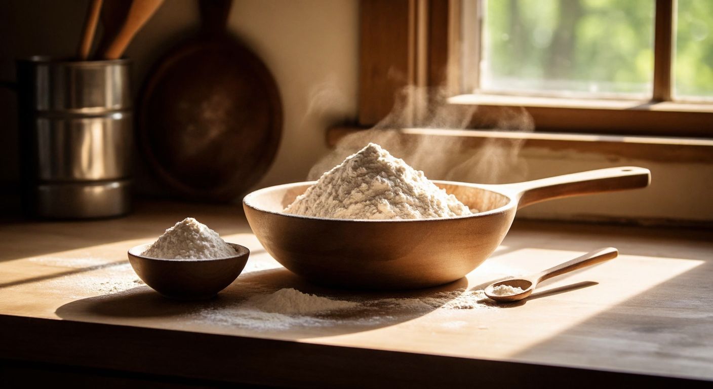 A wooden spoon leveled with flour on a rustic kitchen counter, with a small bowl of flour beside it and warm sunlight streaming through a window.
