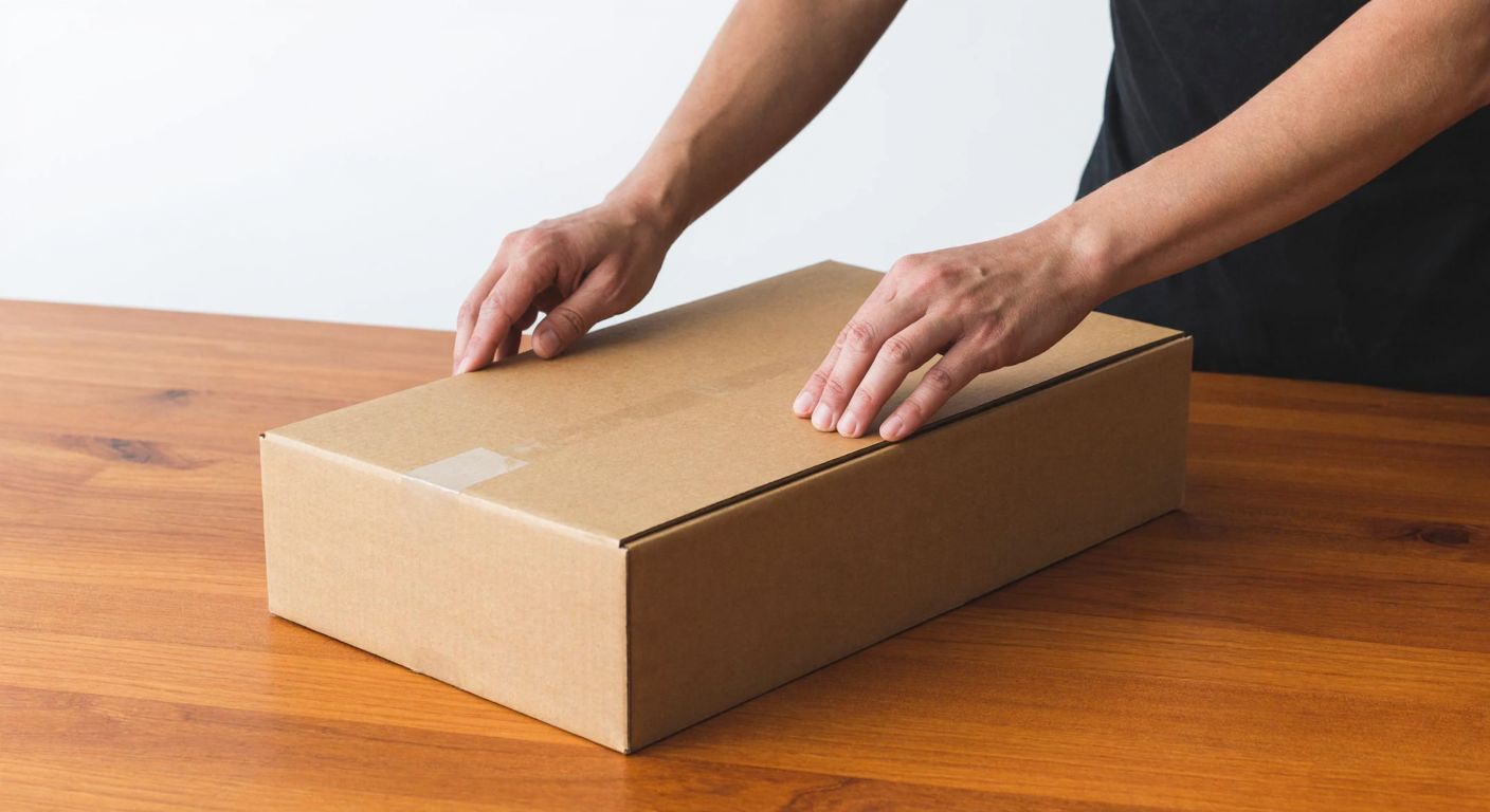 A person’s hands carefully folding the long edges of a tall rectangular cardboard box on a wooden table, with the bottom flaps tucked inward and the top flaps ready to be sealed.