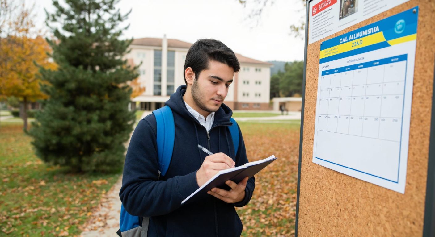 A young Turkish student in a university courtyard, holding a notebook and looking at a calendar pinned to a corkboard, surrounded by autumn leaves and a distant view of Manisa Celal Bayar University's campus buildings.