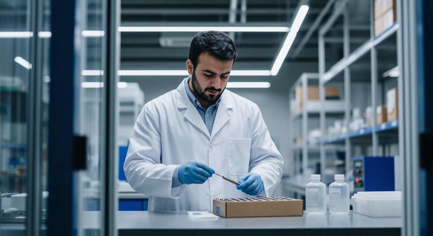 A professional Turkish inspector in a white lab coat carefully examining industrial products in a bright, modern testing facility, with a mix of confidence and scrutiny in their expression.