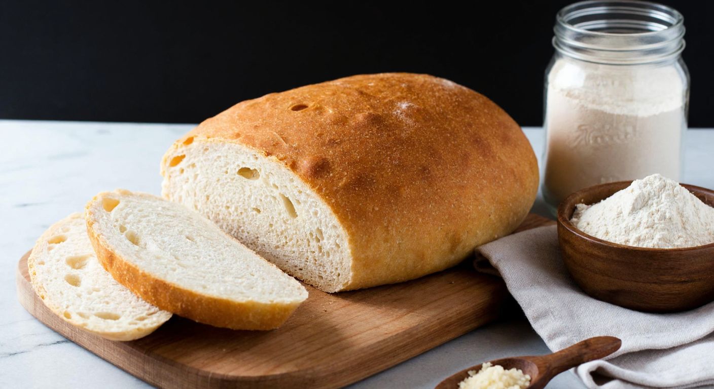 A warm, golden-brown loaf of bread sits on a wooden cutting board, freshly sliced to reveal its soft, airy interior, with a small bowl of wheat flour and a jar of yeast beside it, evoking the simplicity of traditional Turkish bread-making.