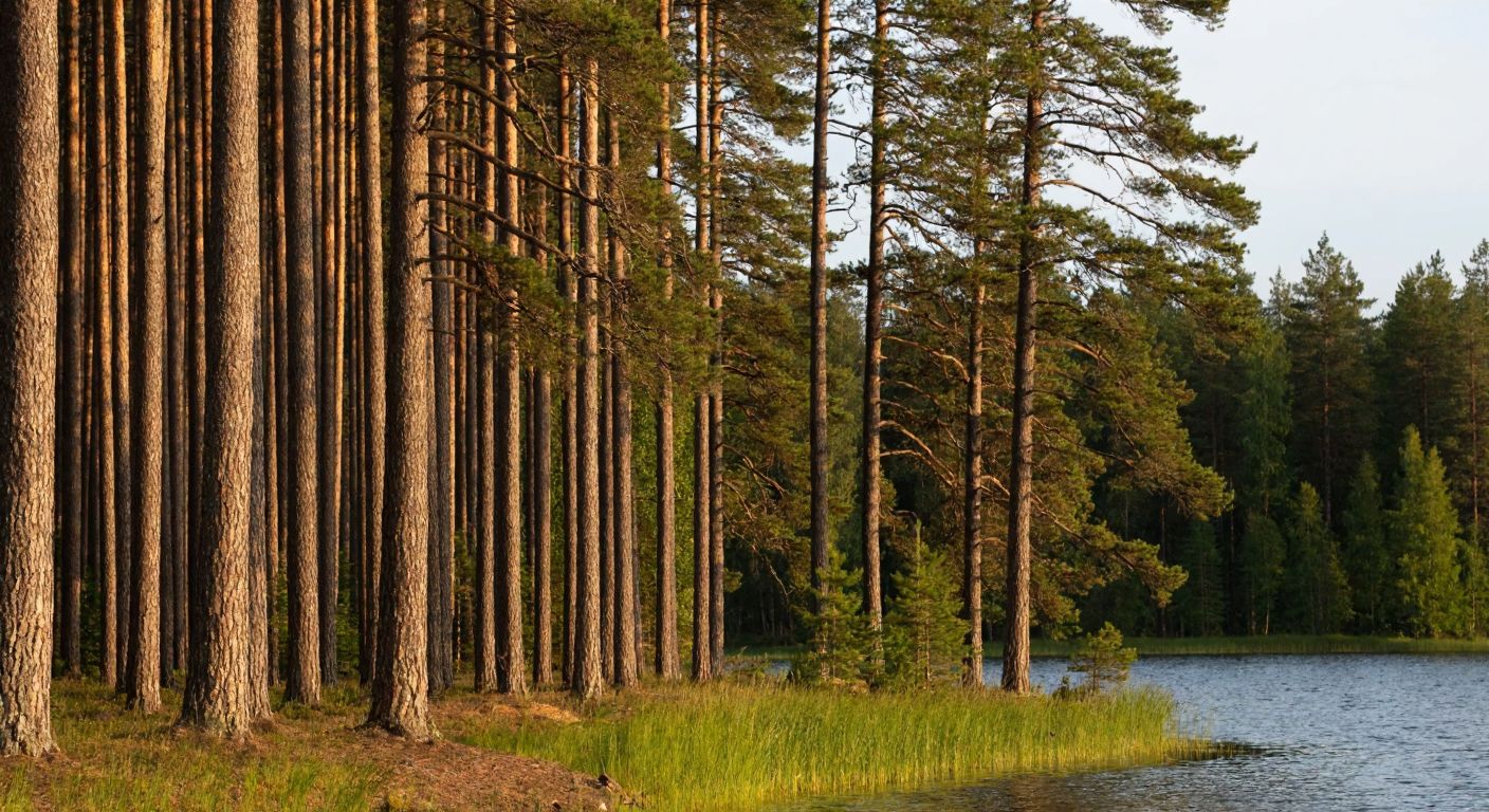A dense Finnish pine forest with tall, straight trees standing resiliently by a serene lake, their bark glistening with moisture under soft sunlight.
