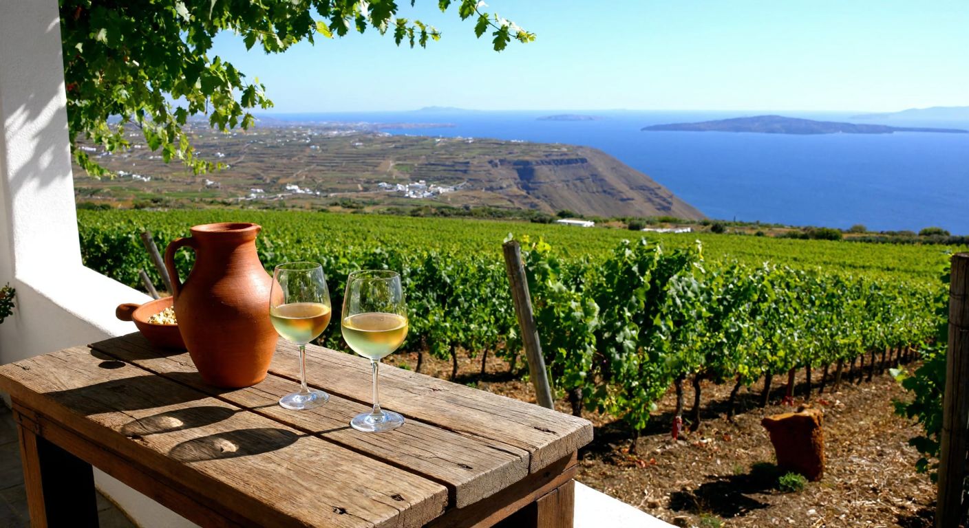 A sunlit Greek vineyard on Santorini’s volcanic slopes, with rows of Assyrtiko grapevines stretching toward the Aegean Sea, a rustic wooden table holding glasses of golden white wine and a clay pitcher.