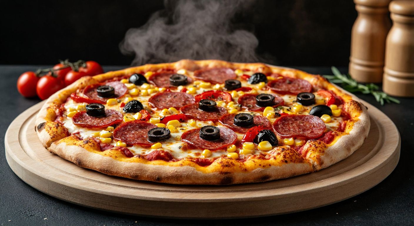 A freshly baked, golden-brown pizza topped with slices of savory salami, juicy sausages, melted mozzarella cheese, sweet corn kernels, and a rich tomato sauce, garnished with black olives and roasted red peppers, steaming on a wooden board in a cozy Turkish pizzeria.