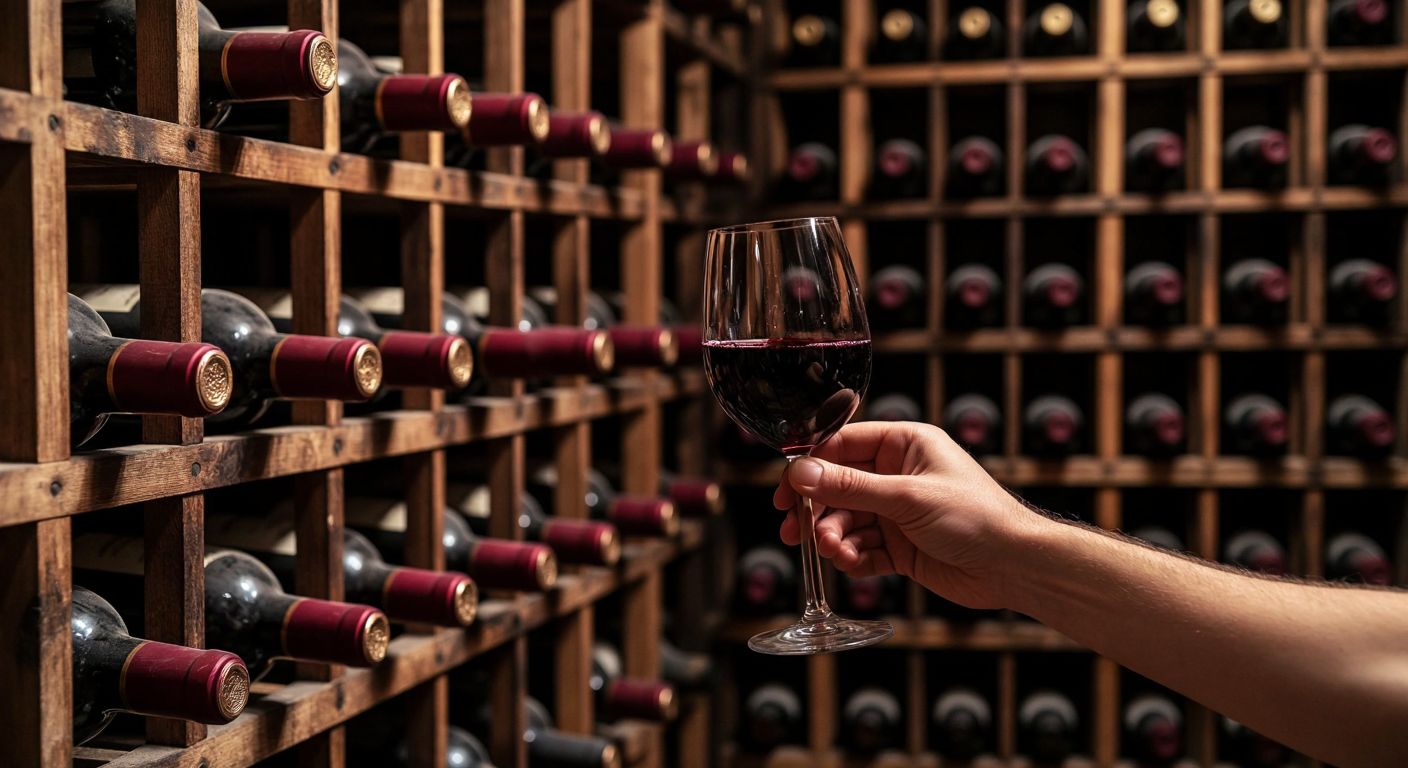 A dusty, dark wooden wine cellar in Turkey, with aged red wine bottles resting on racks, their labels obscured, while a hand carefully holds a glass of deep ruby wine up to the light.