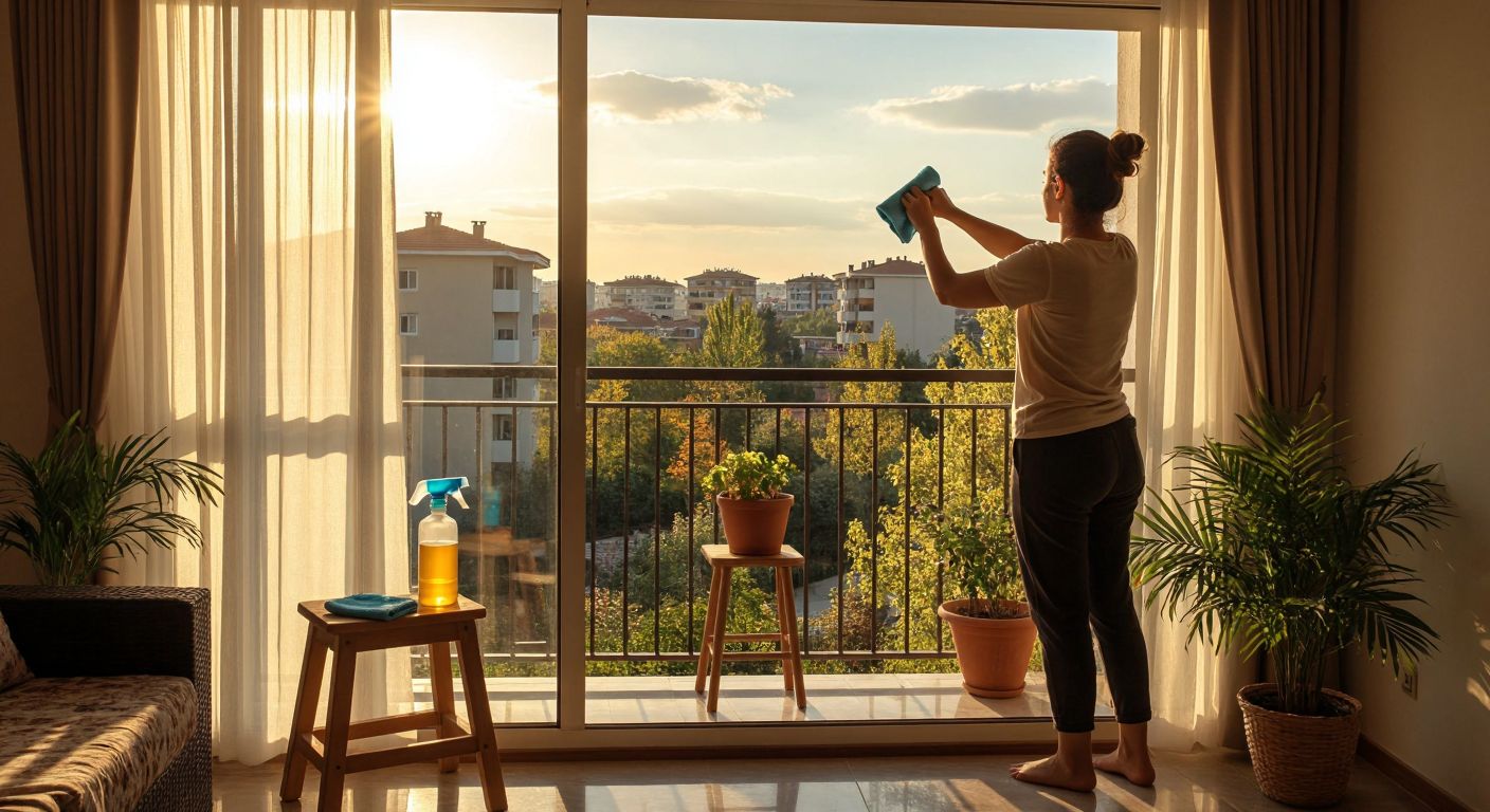A person in a sunlit Turkish apartment carefully scrubbing a bronze-tinted balcony window with a microfiber cloth, while a spray bottle and squeegee sit nearby on a small wooden stool.