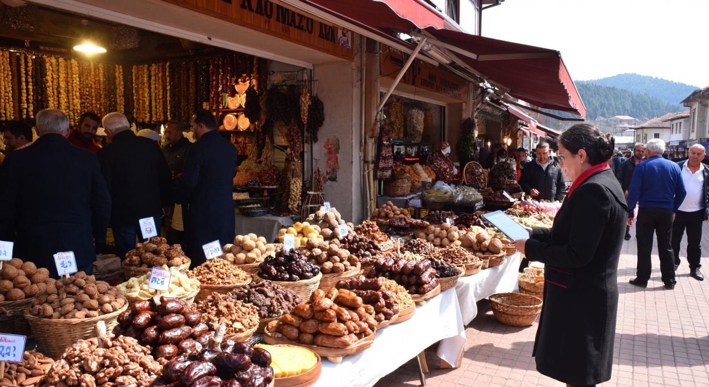 A vibrant marketplace in Niksar, Tokat, with locals proudly displaying handmade crafts and regional foods like pekmez and cevizli sucuk, while a digital tablet subtly hints at the online platform connecting them to buyers.