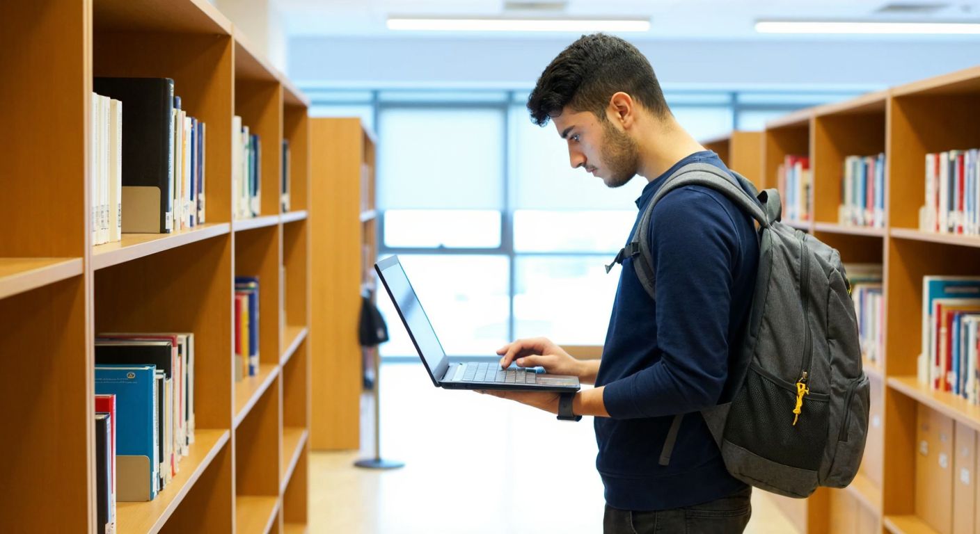 A young Turkish student in a university library, wearing a backpack and holding a laptop, intently follows step-by-step instructions on a screen to navigate Selçuk University's institute automation system.