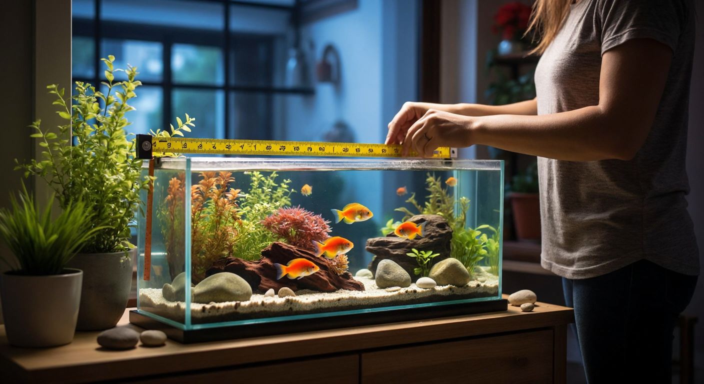 A person in a cozy Turkish home carefully measures a rectangular aquarium with a tape measure while colorful fish swim inside, surrounded by small decorative rocks and plants.