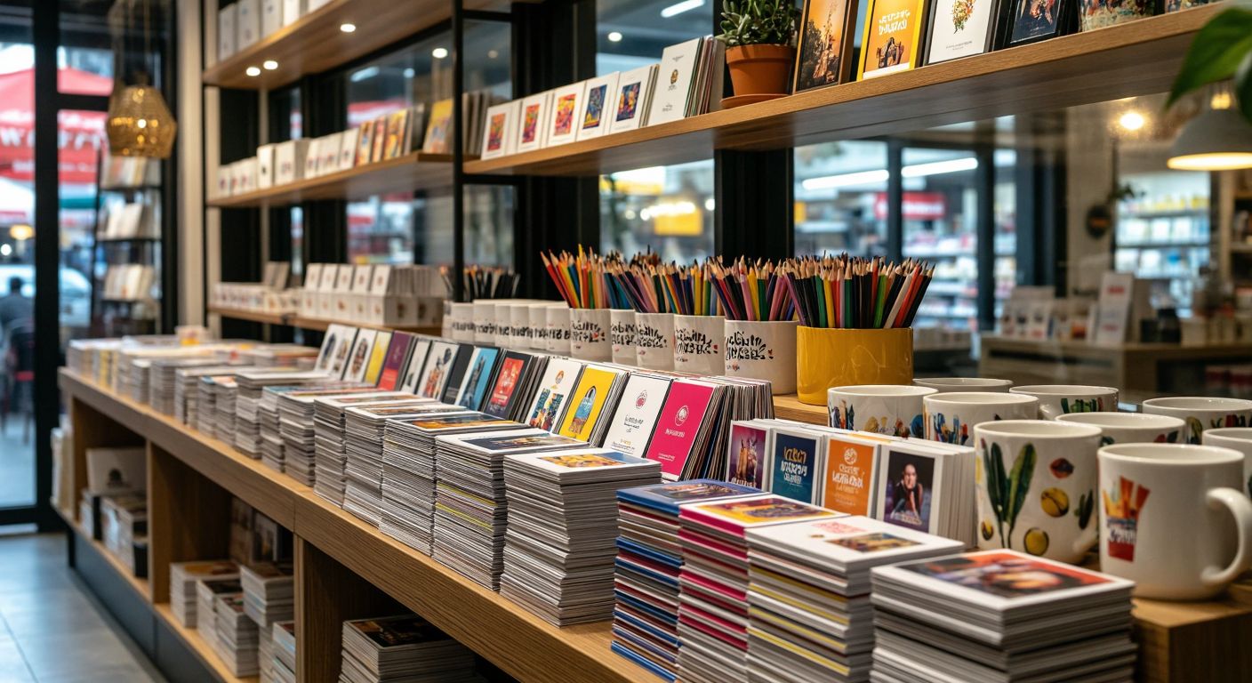 A vibrant Turkish print shop display with neatly arranged stacks of glossy business cards, colorful brochures, shiny stickers, framed canvas prints, promotional ceramic pencil holders, and custom-printed mugs under warm lighting.