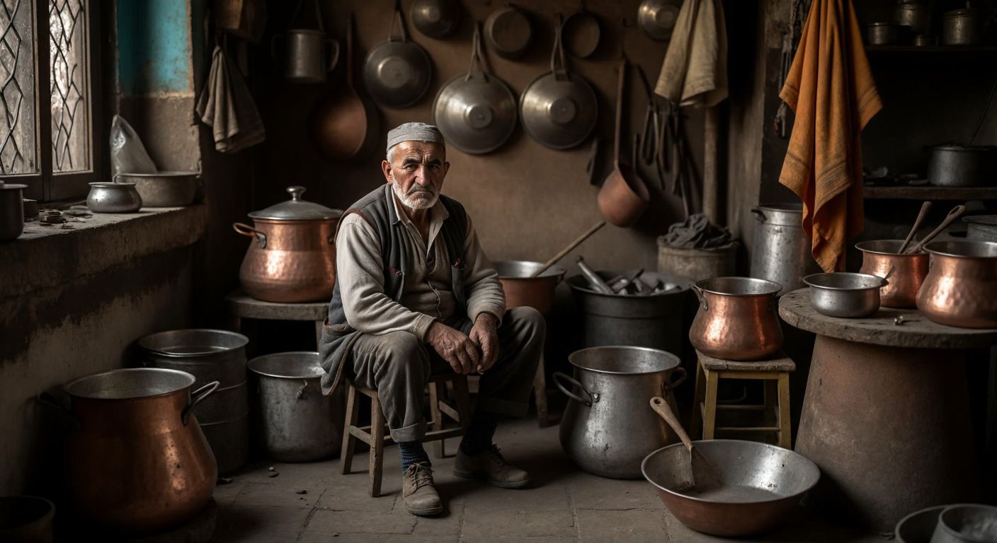 An elderly Turkish tinsmith sitting alone in a dimly lit workshop, surrounded by dusty copper pots and unused tools, with a mix of sadness and resignation in his eyes as modern aluminum cookware gleams in the background.