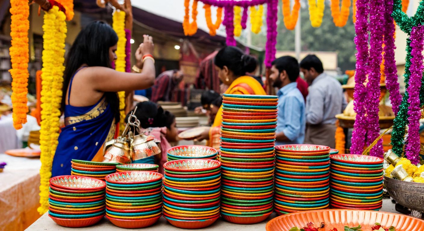 A vibrant Indian marketplace with colorful Diwali plates stacked in sets of six, surrounded by festive decorations and people joyfully selecting tableware.