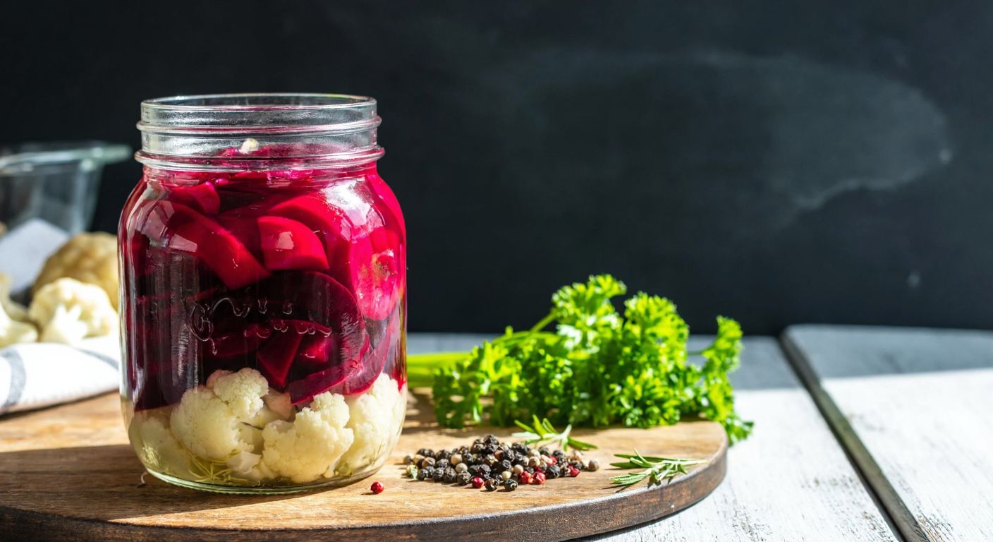 A vibrant glass jar filled with pickled cauliflower and red beets, resting on a rustic wooden table in a sunlit Turkish kitchen, with fresh herbs and spices scattered nearby.