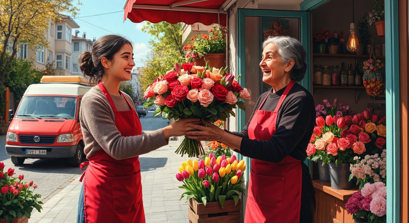 A smiling delivery person in a red apron hands a vibrant bouquet of roses and tulips to a surprised elderly woman at her doorstep in a sunny Istanbul neighborhood, with a colorful flower shop van parked nearby.