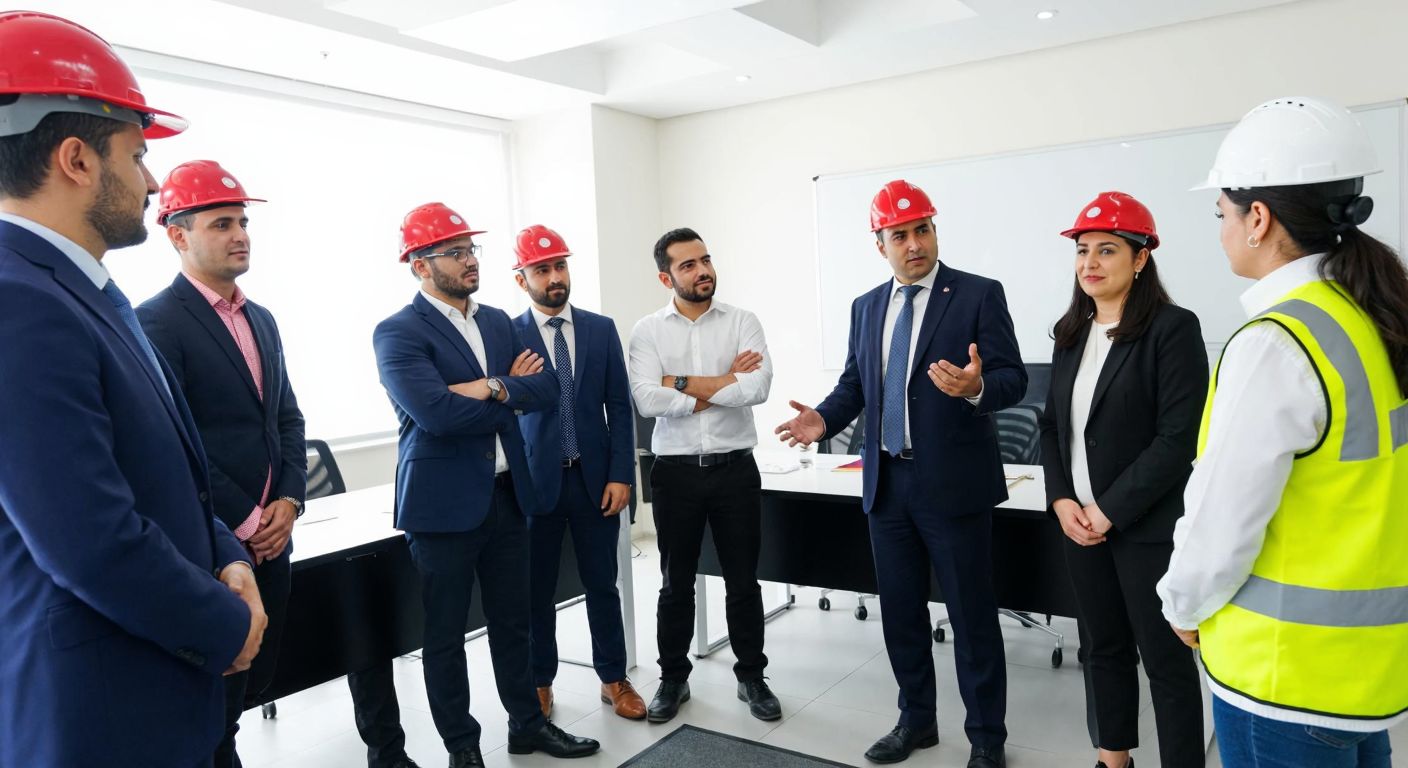 A group of diverse professionals in hard hats and business attire attentively participating in a safety training session inside a modern, well-lit classroom in Turkey, with a trainer demonstrating proper equipment usage.
