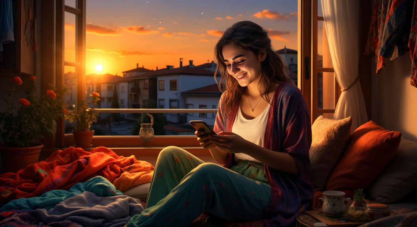 A young woman in a cozy Turkish home smiles while browsing colorful clothing items on her phone, with a warm sunset glow through the window.