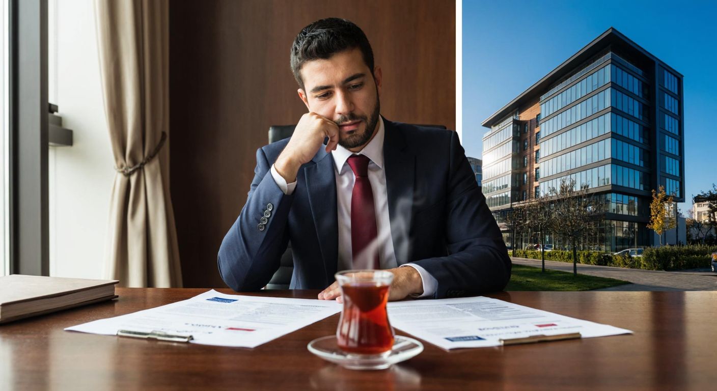 A Turkish businessman in a suit thoughtfully reviews insurance documents at a wooden desk with a steaming cup of Turkish tea, while a split image shows two office buildings representing different Ram Sigorta branches.