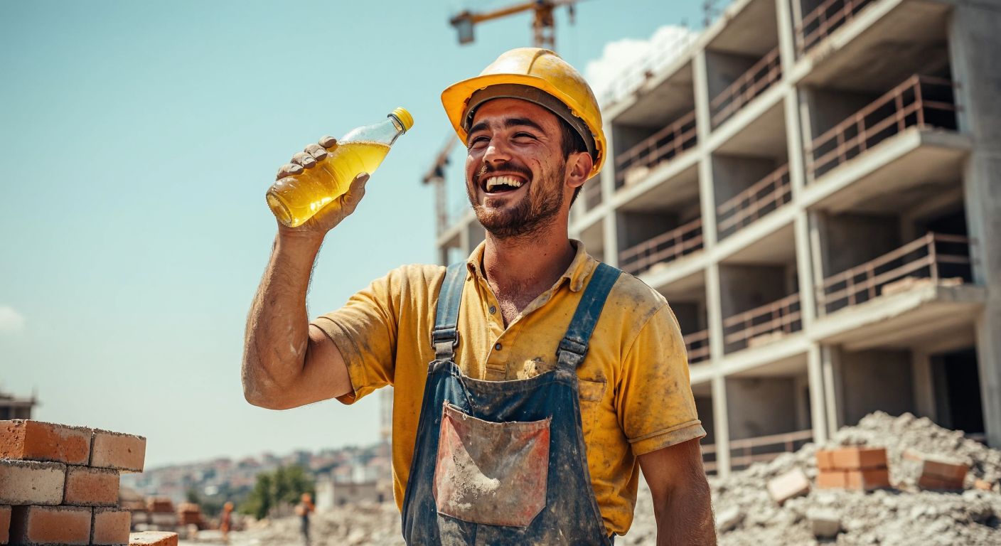 A sweaty construction worker in a hard hat and dusty clothes, smiling brightly while energetically lifting bricks after drinking a fizzy yellow soda from a glass bottle, with a half-built apartment block in the background under the Turkish sun.