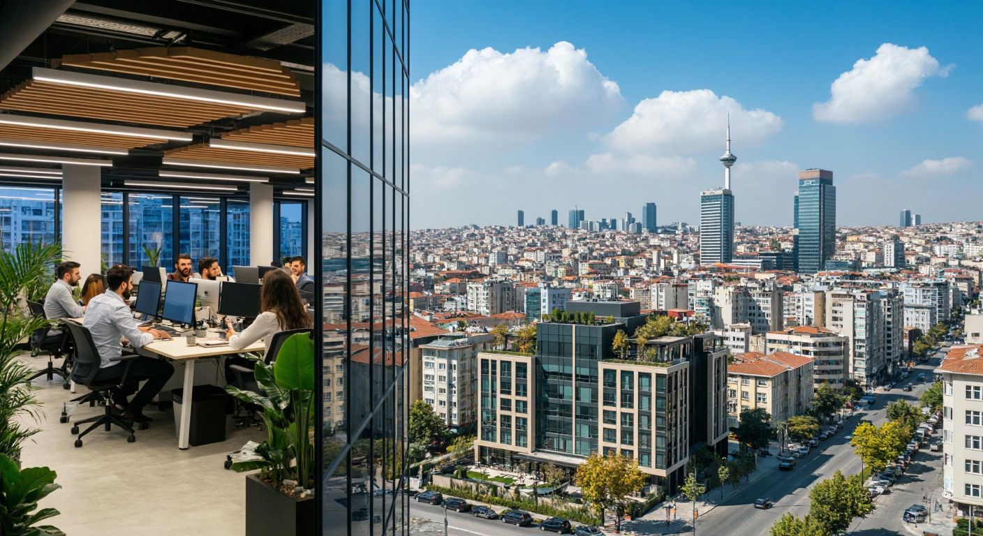 A split-screen image showing a modern Tel Aviv tech office with developers on one side, and a bustling Istanbul real estate market with agents and properties on the other.
