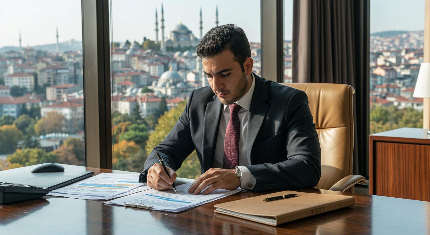 A Turkish businessman in a formal suit reviewing financial documents at a wooden desk in an office, with a cityscape of Istanbul visible through the window behind him, conveying a sense of corporate responsibility and taxation.