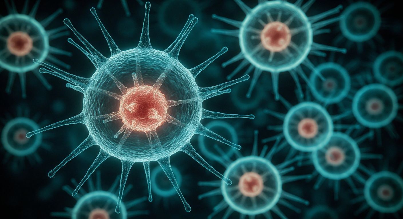 A glowing, translucent stem cell divides endlessly under a microscope, surrounded by fading duplicates, symbolizing renewal and eventual decline.