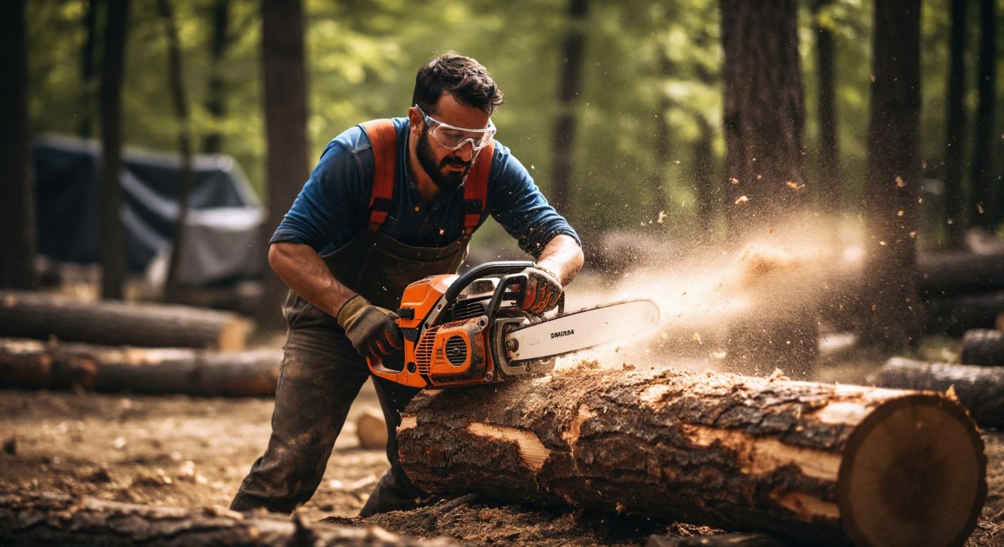 A rugged Turkish lumberjack in a forest clearing, wearing protective gloves and goggles, carefully cutting a thick wooden log with a roaring gasoline-powered chainsaw, sawdust flying through the air.
