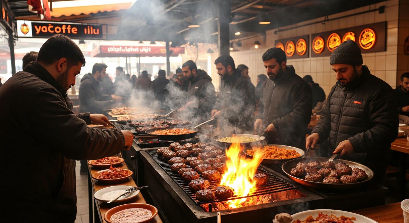 A bustling Turkish eatery with Köfteci Yusuf grilling juicy, hand-shaped meatballs over a glowing charcoal fire, the smoky aroma filling the air as customers eagerly wait at wooden tables.