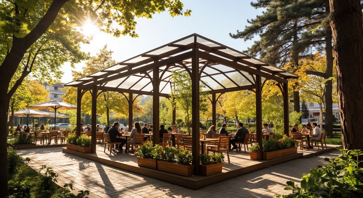 A sunny park in Turkey with a transparent wooden pergola (kamelya) surrounded by greenery, contrasted with a cozy café terrace enclosed by a clear polycarbonate winter garden (kış bahçesi) where people enjoy tea under its sheltered, transparent roof.